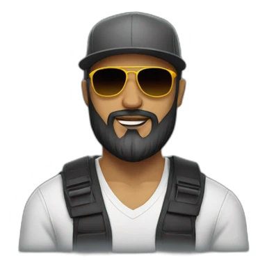 no hair man with long beard and wearing backwards snapback and viper sunglasses sticker