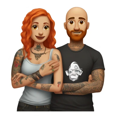 Indian Beard guy with bald head and tattoos only on left hand hugging a ginger hair Croatian girl with septum ring and tattoos on right hand  sticker