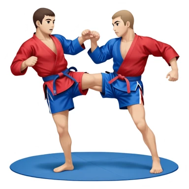 Two Sambo fighters in blue and red kimonos, with shorts and wrestling shoes, performing grappling and throwing techniques. The background shows a wrestling mat and an intense, focused atmosphere. Transparent background highlights the fluidity and skill of the sport without strikes. sticker