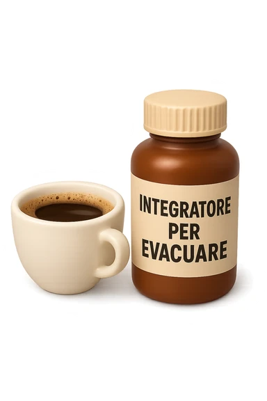 EMOJI STILE IPHONE 3D DI un caffè e di una boccetta di integratore con la scritta "INTEGRATORE PER EVACUARE" SULL'ETICHETTA, iperrealistico 4k sticker