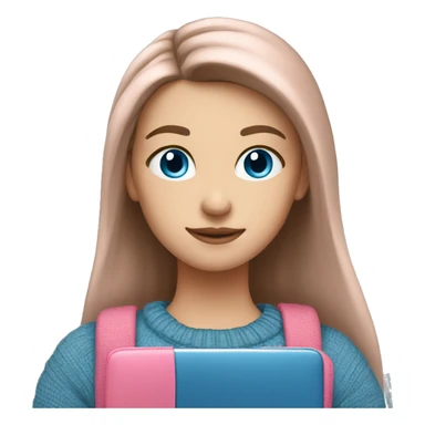 caucasian white IT girl student, holding pink laptop, blue eyes, brown hair ponytail wearing a thick sweater sticker
