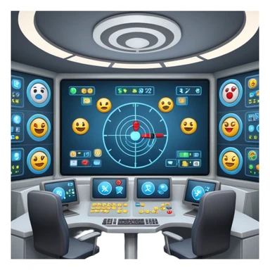 control room with radar screen showing emoji targets sticker