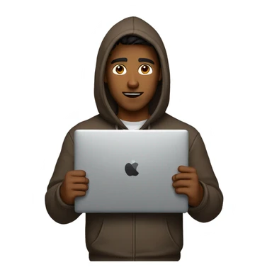 Brown guy wearing a hoodie with a specifically a wolf cut holding a laptop sticker