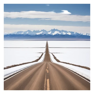 A long STRAIGHT dirt road that disappears into the horizon half way up the screen from the perspective of someone sitting in the middle of the road looking down it. Flat snow fields on both sides of the road with huge looming mountains above the roads horizon line.  sticker