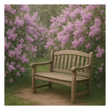 A wooden bench surrounded by blooming lilac flowers, springtime, gentle atmosphere, no people, focus on flowers and bench sticker