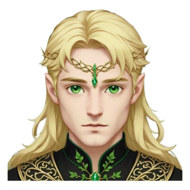 A golden-haired High Fae male with striking emerald-green eyes, his features sharp and aristocratic. He wears a deep black tunic embroidered with green ivy-like patterns, symbolizing his connection to nature. Though his broad frame and strong jawline exude power, there is a weight behind his eyes—something restrained, something broken. sticker