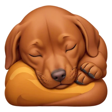 Meme-Worthy Cute Sleeping Vizsla Portrait Emoji, Head resting peacefully with a contented smile, showcasing a sleek, athletic build and a luxuriously soft rust and gold Fur, eyes shut in a serene nap, Simplified yet hilariously adorable features, highly detailed, glowing with a soft, drowsy light, high shine, relaxed and utterly lovable, stylized with an air of playful laziness, bright and heartwarming, soft glowing outline, capturing the essence of a comically sleepy companion, so meme-worthy it feels like it could instantly become the next viral sensation of adorable slumber! sticker