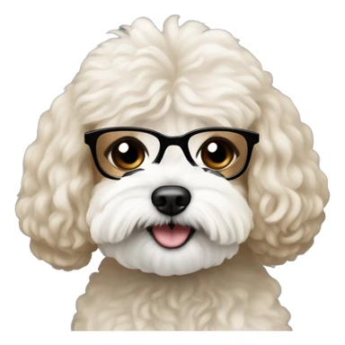 Light brown woman with long black hair and black  glasses holding white MaltiPoo sticker