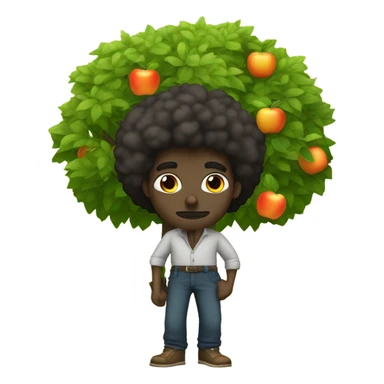 dark skinned man with afro hair with baggy pants smoking an orange under an apple tree sticker