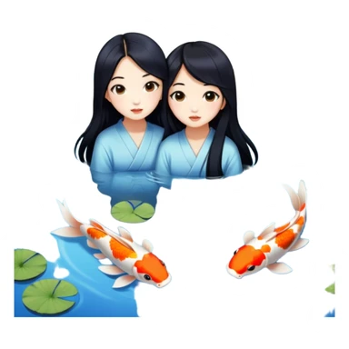 two asian girls long hair koi pond sticker
