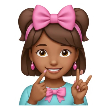 Chica morena sonriendo con un lazo rosa en la cabeza y mordiendose la punta del dedo indice con delicadeza sticker