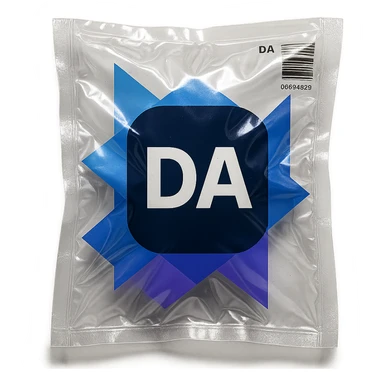 Generate the Vacuum Sealed version of this logo :

Logo Description:
Foreground Element (Main Icon):

A dark navy blue rounded rectangle (almost pill-shaped but more rectangular) sits in the center.

Inside the rectangle are the uppercase white letters "DA" centered both vertically and horizontally.

Font is bold, sans-serif, with clean and modern lines.

Background Elements (Geometric Shapes):

The background consists of five overlapping triangles, all pointing in different directions.

These triangles vary in size and shades of blue:

Top left: A small upward-pointing triangle in medium blue.

Bottom left: A small downward-pointing triangle in vibrant purple.

Center left: A large leftward-pointing triangle in light blue, partially overlapped by the navy rectangle.

Top right: A large upward-pointing triangle in dark blue.

Bottom right: A medium rightward-pointing triangle in purple.

Layout and Composition:

The triangles are arranged to form a dynamic, abstract background behind the central “DA” rectangle.

The triangles overlap slightly and create a layered, modern appearance.

The overall look is geometric, professional, and tech-oriented.

Color Palette (Hex approximations):

Navy blue (rectangle): #0D1B4C

White (text): #FFFFFF

Light blue triangle: #4285F4

Dark blue triangle: #2A2FCF

Purple triangle: #7E52FF

 sticker