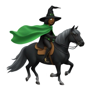 Green witch, black hat and cape, riding a horse sticker