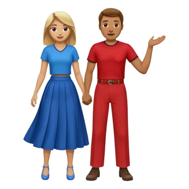 Two people dancing. Man in red shirt and  red pants with brown hair. Women in blue shirt and long skirt with blond hair. Having fun. sticker