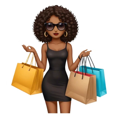 Rich dark brown girl with dark brown mid-length curly hair expensive retail shopping bags and sunglasses dressed in black sticker