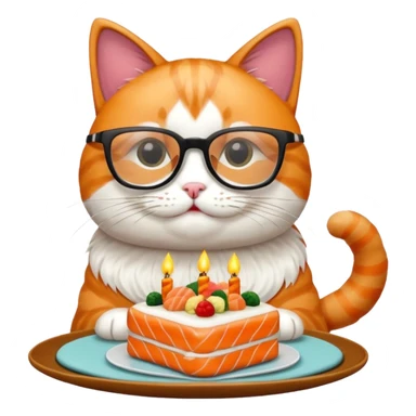 cat with cool square shaped glasses eating a birthday cake made out of sushi sticker