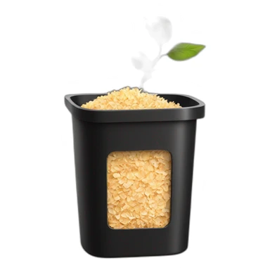 Black cubic plastic container with wood shavings inside, and a white tube with three branches at the top  sticker