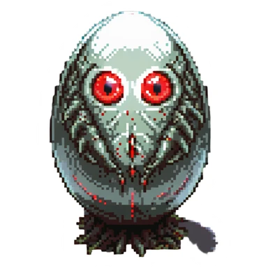 a strange large transparent alien egg, floating inside with a visible creature inside, embryonic, fetal shape creature, 3 glowing red eyes, illuminated from above sticker