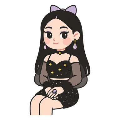 Transform the image into a K-pop inspired gothic girl wearing a glamorous performance outfit with bold accessories, sitting elegantly. Preserve the transparent background. Style should reflect K-pop gothic fashion with elegance and boldness. sticker