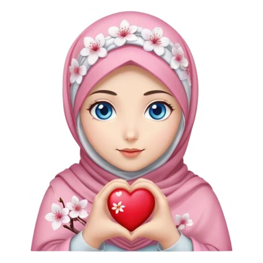 Turkish beautiful finish Konya girl blue eyes with cherry blossom flower design hijab and hold heart in her hand  sticker