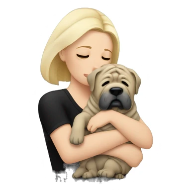 Blonde woman in black top crying and cuddling grey Shar Pei  sticker