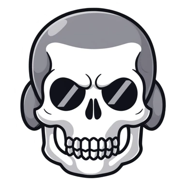 man with oval-shaped flat-top head wearing a black shirt with a gray skull on the front sticker