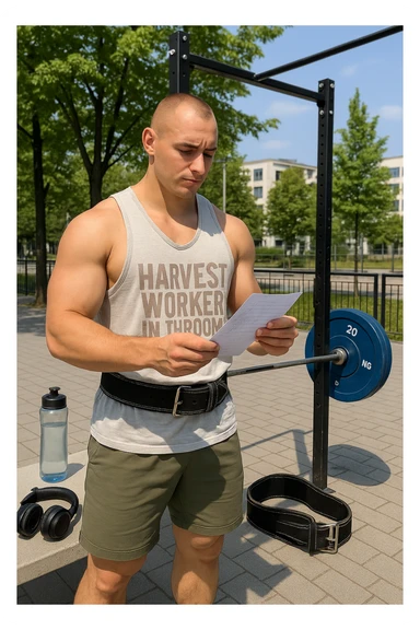 un uomo prepara con cura il suo set di pesi e la cintura per streetlifting, controllando una lista di esercizi e ripetizioni scritta su un foglio. Accanto a lui, una borraccia e delle cuffie. L’espressione è serena e sicura, a sottolineare l’importanza della programmazione per un allenamento efficace. Lo sfondo è un’area fitness urbana, pulita e ben attrezzata. sticker