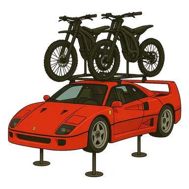 Replace the motorcycle with two Sur-Ron electric bikes mounted on a roof rack on the cartoonish Ferrari F40. Keep the background transparent. sticker