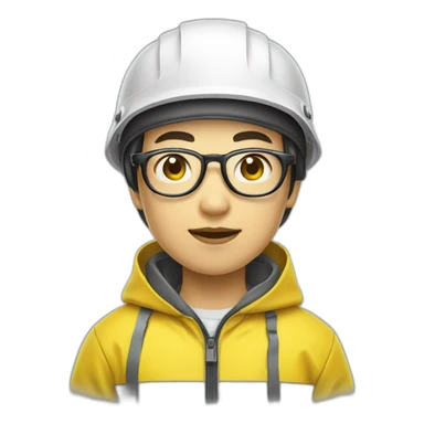 chinese boy with small eye and thick lip wearing thin metal glasses and white safety helmet and yellow rain jacket sticker