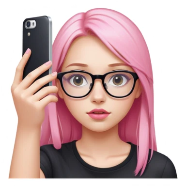 A teenage girl taking a selfie in a school bathroom. She has long, straight blonde and pink-dyed hair, wears rectangular glasses and a black shirt. Her expression is neutral with glossy lips sticker