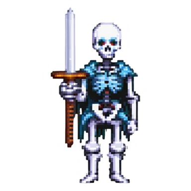 pixel art skeleton holding a sword, simple and bold sticker
