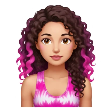 Woman in her 30s with luminous skin, long defined dark brown curls, large brown eyes, full lips with natural pink color, wearing bright pink tie-dye tank top, nurturing warm expression sticker
