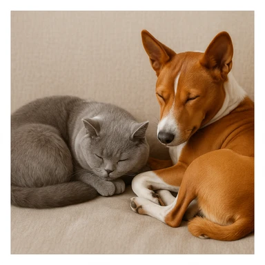 A gray British Shorthair cat curled up and sleeping next to a red Basenji dog sticker