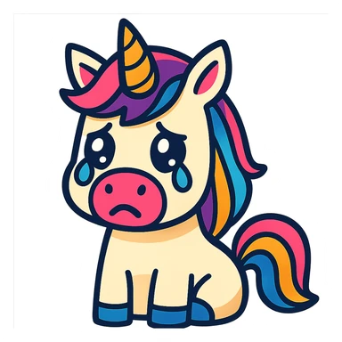 a unicorn with tears in its eyes, looking sad, vibrant cartoon style sticker