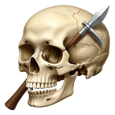 An icon featuring a human skull and fossilized bones, symbolizing the study of anthropology. The design includes archaeological tools like a pickaxe and brush, with a background of ancient artifacts and a globe. Transparent background emphasizes the exploration of human history and evolution. sticker