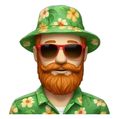 Bright Red beard wearing a floral shirt and wearing green sunglasses and a bucket hat sticker