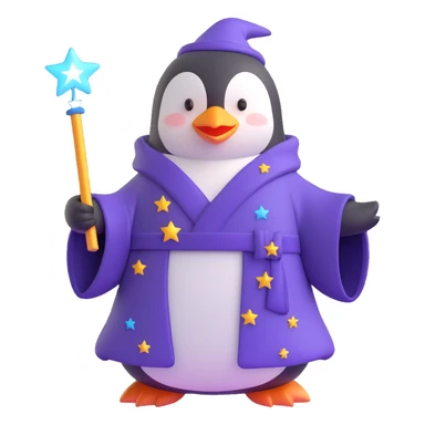penguin wizard with a starry robe and a glowing wand sticker