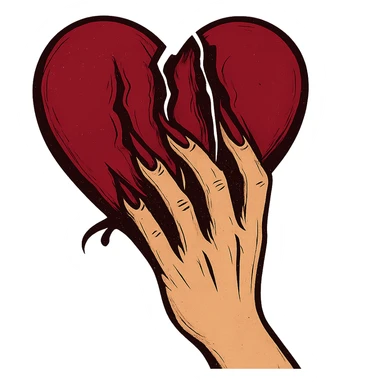 женская рука с маникюром вгоняет когти в винного цвета сердце и сильно раздирает царапает его (пальцы полусогнуты ногти вогнаны в царапины) рисованный стиль sticker