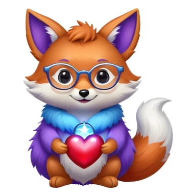 A small magical fox with shimmering purple and blue fur, a glowing fluffy tail, a silver star on its forehead, and round glasses, holding a tiny magical lantern, hugging a big red heart and smiling warmly. 🦊❤️ sticker