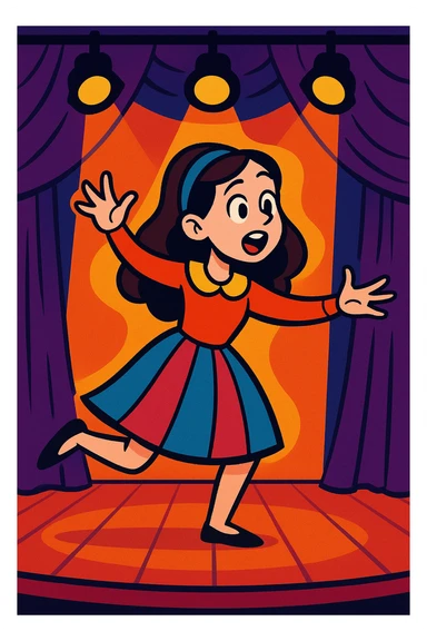 a pale, brunette girl acting, performing on stage, vibrant toon style sticker