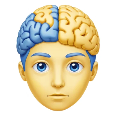 A real person face emoji, skin is emoji yellow, with blue brain instead of hair sticker