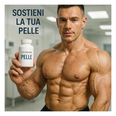 bodybuilder using natural supplements for skin, hyper realistic style, well visible muscles, bottle labeled 'Integratori Pelle', text 'Sostieni la tua pelle', clinical atmosphere, realistic details sticker