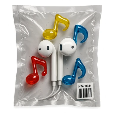 pair of white EarPods with three floating transparent glass music notes in primary colors, glossy and inflated, vacuum-sealed style sticker
