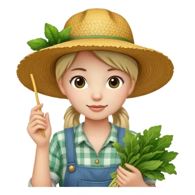 farmer girl, white skin , with a straw hat, ponytail, holding greens in hand sticker