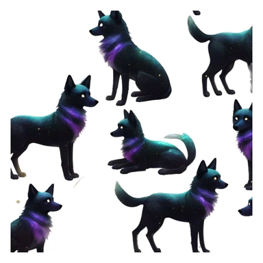 Black iridescent dog fox zombie skeleton gold mechanical nebula galaxy stars flowers fairy lights vintage sticker