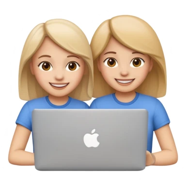 two girls side by side with a MacBook in front, smiling and happy, emoji style, based on reference image sticker