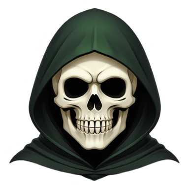 Icon of the Grim Reaper's face. His skull is stylized, his hood is tattered. He is [например: winking with a sly grin]. Clean, flat vector art, high contrast. Stylized as a modern logo or a medieval woodcut. Strictly black and white with one accent color like dark moss green or deep crimson.  sticker