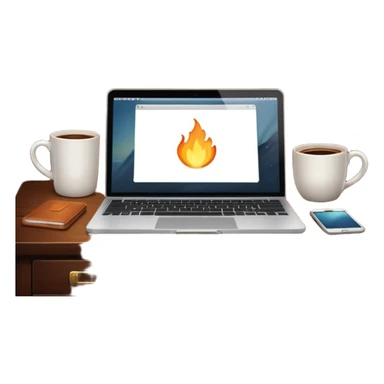 Open laptop on a desk next to a steaming coffee mug sticker