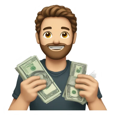 A sticker of a guy with brown hair and a beard holding money in his hands sticker