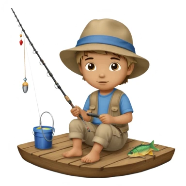 Little boy sitting on the dock fishing, felt texture, scrapbooking sticker